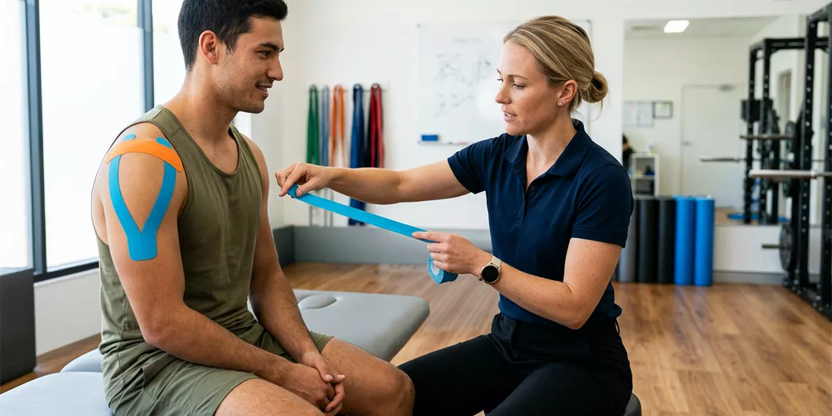 Ein Mann bekommt eine Tapeanlage von einer Physiotherapeutin in einem hellen Fitnessraum