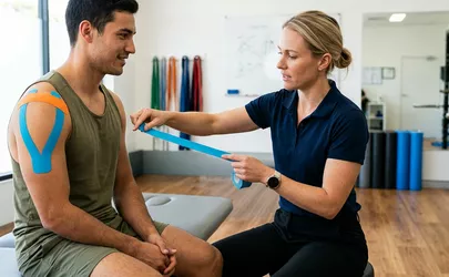 Ein Mann bekommt eine Tapeanlage von einer Physiotherapeutin in einem hellen Fitnessraum