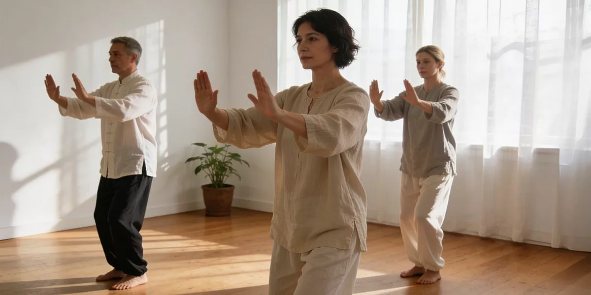 Drei Personen beim Qigong in einem hellen Raum