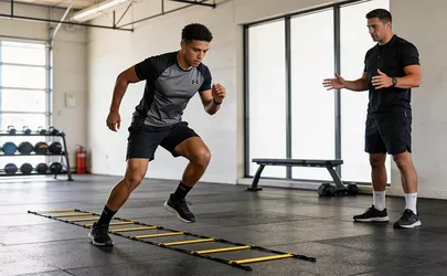 Ein Mann beim Athletiktraining mit einer Speed Ladder und seinem Trainer in einem hellen Studio
