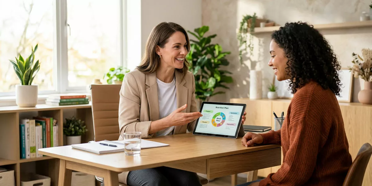 Einen Ernährungsberaterin zeigt ihrer Kundin einen Ernährungsplan
