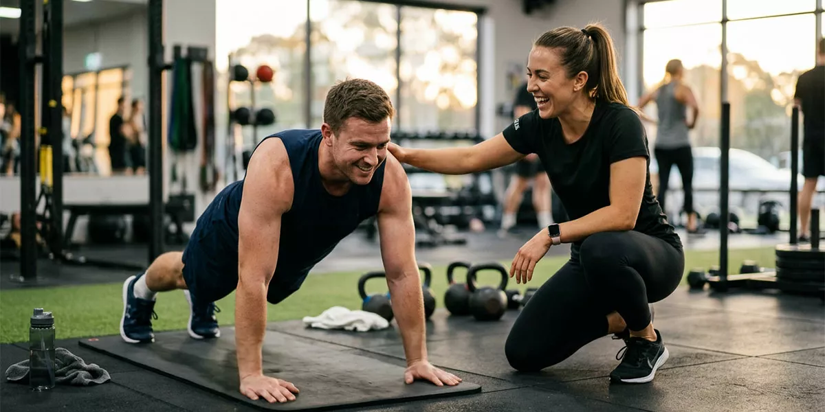 Ein Mann und eine Fitnesstrainerin beim Training in einem Studio mit großen Fenstern