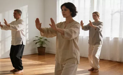 Drei Personen beim Qigong in einem hellen Raum